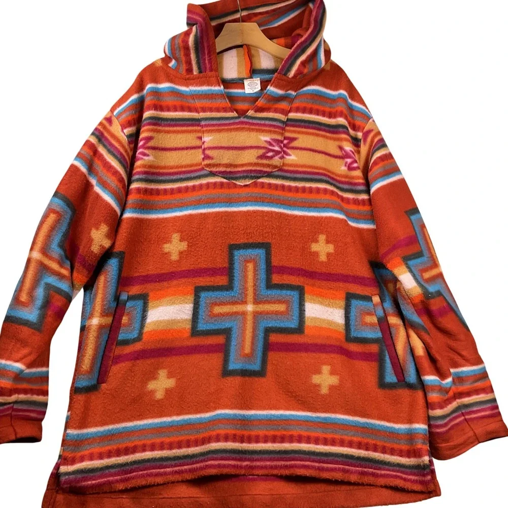 El Paso Saddleblanket Fleece Hoodie XL Orange‎ Southwestern Aztec Cross
